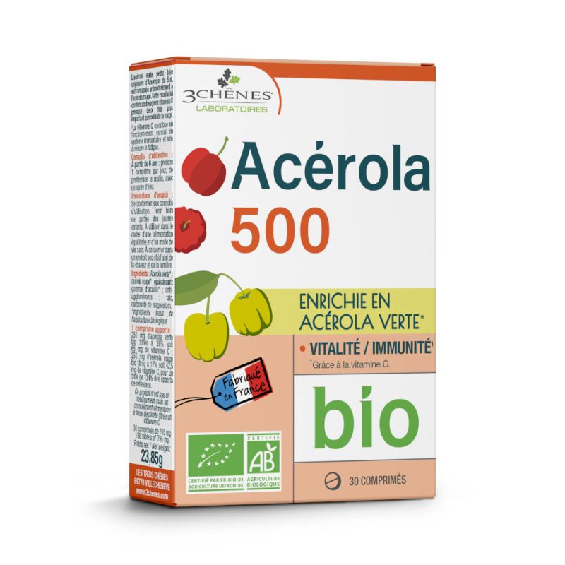 Acérola 500 Bio enrichie en Acérola verte - Boite de 30 Caps