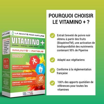 Vitamino+ Immunité, fatigue, Multivitamines et minéraux - Boite de 30 Caps